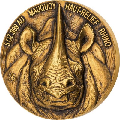 Ivory Coast RHINO series BIG FIVE MAUQUOY HAUT RELIEF 10000 Francs Gold coin Ultra High Relief 2019 Antique finish 5 oz